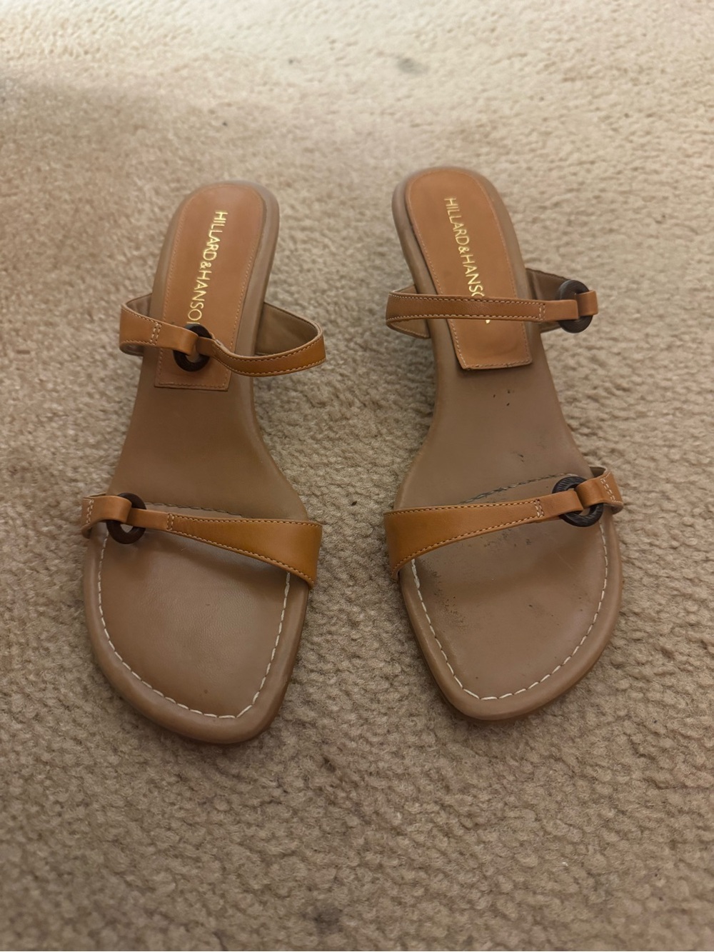 Hillard & Hanson Cognac Leather Slide Sandals with Ring Detail